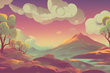 Magical and Whimsical Fantasy Landscape covered in magical aura. Pandora land. Alien Landscape. Digital illustration. Kids Cartoon Backgrounds. Children Story Book 2d illustration.  Generative AI