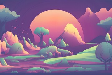 Magical and Whimsical Fantasy Landscape covered in magical aura. Pandora land. Alien Landscape. Digital illustration. Kids Cartoon Backgrounds. Children Story Book 2d illustration.  Generative AI