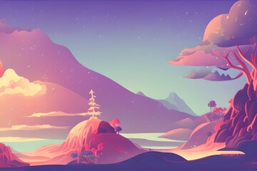 Magical and Whimsical Fantasy Landscape covered in magical aura. Pandora land. Alien Landscape. Digital illustration. Kids Cartoon Backgrounds. Children Story Book 2d illustration.  Generative AI