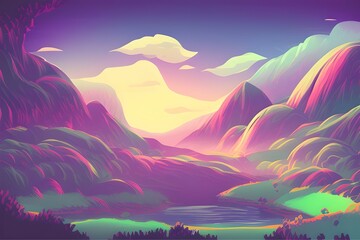 Magical and Whimsical Fantasy Landscape covered in magical aura. Pandora land. Alien Landscape. Digital illustration. Kids Cartoon Backgrounds. Children Story Book 2d illustration.  Generative AI