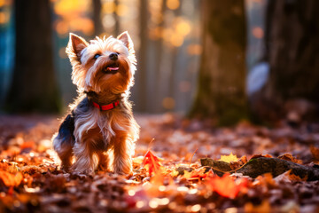 Small dog standing on top of pile of leaves.