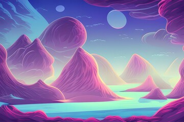 Magical and Whimsical Fantasy Landscape covered in magical aura. Pandora land. Alien Landscape. Digital illustration. Kids Cartoon Backgrounds. Children Story Book 2d illustration.  Generative AI