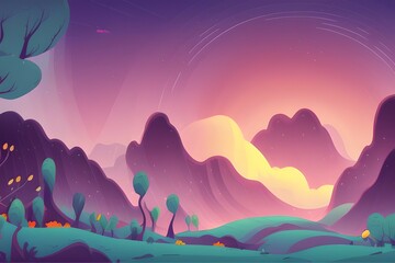 Magical and Whimsical Fantasy Landscape covered in magical aura. Pandora land. Alien Landscape. Digital illustration. Kids Cartoon Backgrounds. Children Story Book 2d illustration.  Generative AI