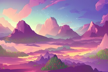 Magical and Whimsical Fantasy Landscape covered in magical aura. Pandora land. Alien Landscape. Digital illustration. Kids Cartoon Backgrounds. Children Story Book 2d illustration.  Generative AI