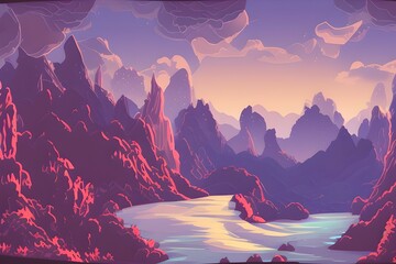 Magical and Whimsical Fantasy Landscape covered in magical aura. Pandora land. Alien Landscape. Digital illustration. Kids Cartoon Backgrounds. Children Story Book 2d illustration.  Generative AI