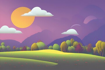 Summer Landscape in beautiful colors. 2d Animation Style illustration. Children Story Book Illustration. Kids Cartoon Background. Generative AI