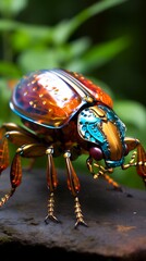 Close up of colorful insect on wooden surface.