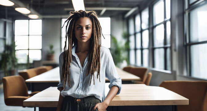 immagine di giovane donna in abbigliamento informale, ambiente di lavoro luminoso e spazioso alle spalle