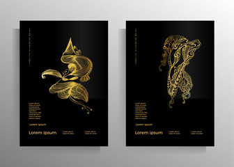 Cover design for posters, magazines, books, booklets, brochures, flyers, invitations, reports, and folders. Template set with a hand-drawn floral graphic element. Vector illustration black with gold.