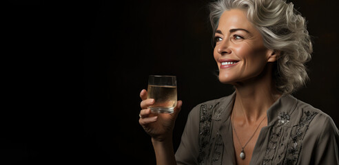 50 year old good looking woman holds a glass of water in her hand. Conscious attitude to health, refusal of alcohol. Sober Oktober, dry January concept.