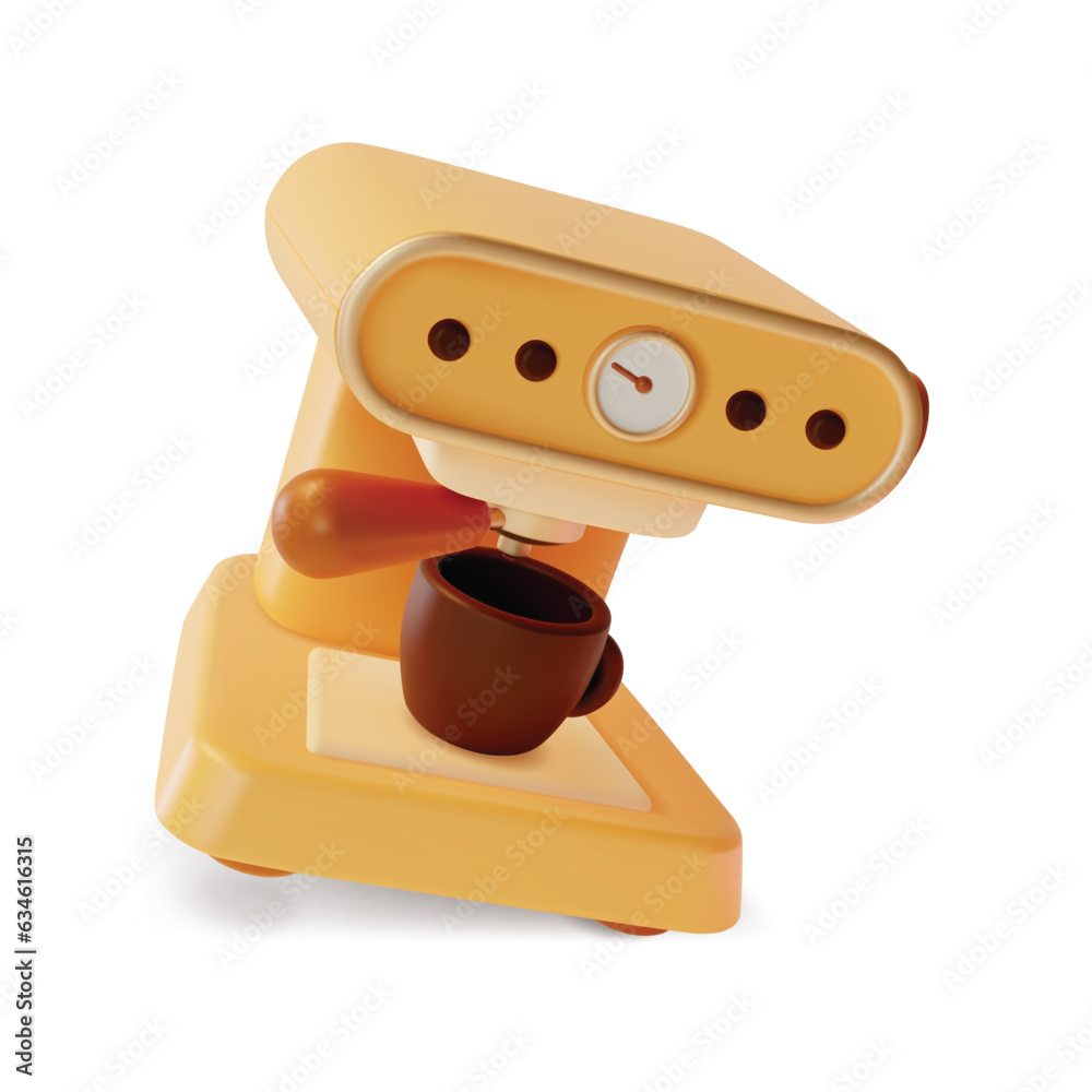 Poster 3d Coffee Machine with Cup Cartoon Style Appliance Making Hot Espresso or Cappuccino Concept. Vector illustration