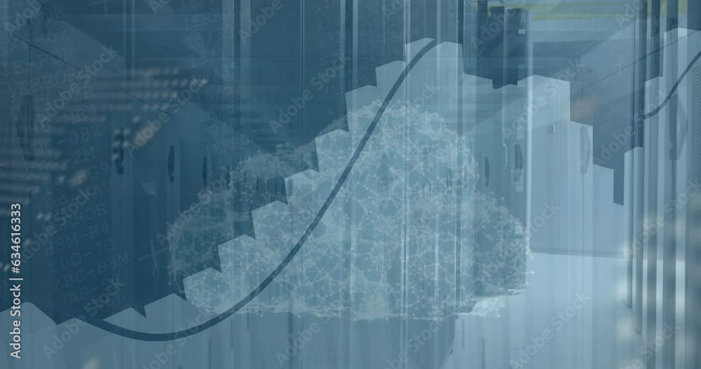 Poster animation of statistical data processing and world map over cloud icon against server room