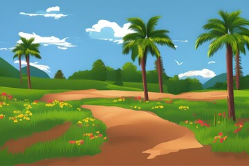 Summer Landscape in beautiful colors. 2d Animation Style illustration. Children Story Book Illustration. Kids Cartoon Background. Generative AI