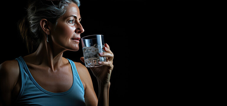 50 year old good looking woman holds a glass of water in her hand. Conscious attitude to health, refusal of alcohol. Sober Oktober, dry January concept. - Powered by Adobe