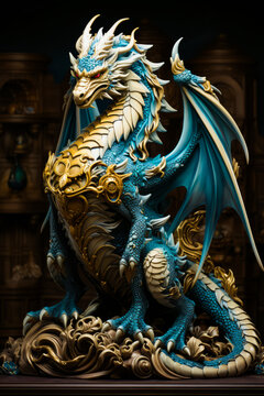 Blue and gold dragon statue sitting on top of table.