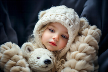 Cute little girl in winter hat and scarf with teddy bear Generative AI