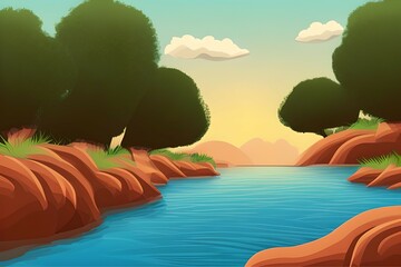 Summer Landscape in beautiful colors. 2d Animation Style illustration. Children Story Book Illustration. Kids Cartoon Background. Generative AI
