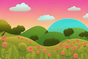 Summer Landscape in beautiful colors. 2d Animation Style illustration. Children Story Book Illustration. Kids Cartoon Background. Generative AI
