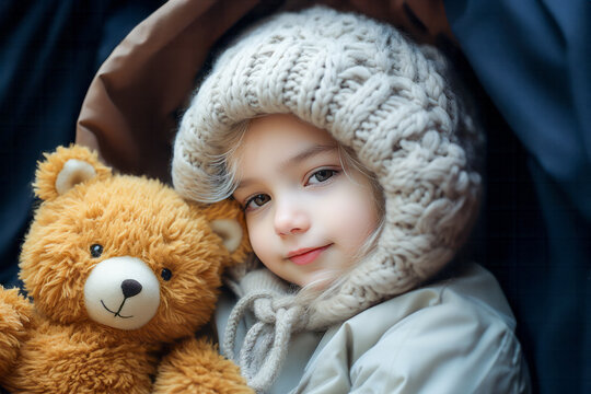 Portrait of a cute little girl in a warm hat with a toy bear. Generative AI