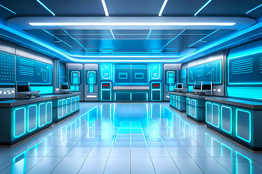 Futuristic cartoon indoor background for a high-tech laboratory