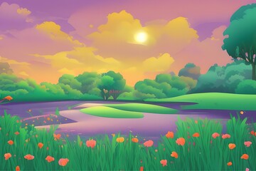 Summer Landscape in beautiful colors. 2d Animation Style illustration. Children Story Book Illustration. Kids Cartoon Background. Generative AI