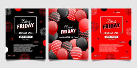 Black Friday sale cards, banners, flyers, background. A set of colorful posters with balloons and frames. Templates for holidays, invitations, business and social media. Vector illustration.