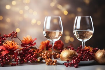 Glass of wine on dining table and food with bokeh background. Thank giving day concept background.
