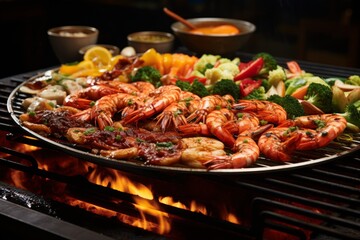 Sizzling Teppanyaki Grill with a Variety of Fresh Seafood and Vegetables, Generative AI