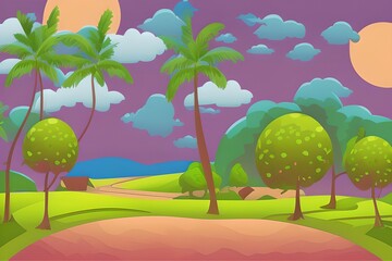Summer Landscape in beautiful colors. 2d Animation Style illustration. Children Story Book Illustration. Kids Cartoon Background. Generative AI
