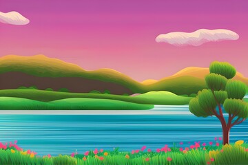 Summer Landscape in beautiful colors. 2d Animation Style illustration. Children Story Book Illustration. Kids Cartoon Background. Generative AI