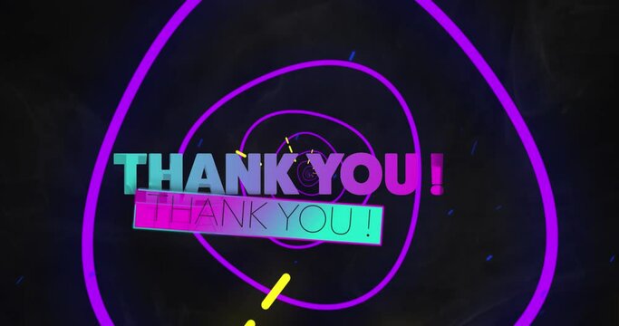 Animation of thank you text banner over neon purple tunnel in seamless pattern on black background