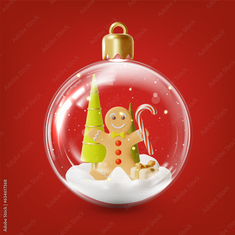 Poster 3d Christmas Tree Decoration Glass Ball Transparent inside Snow and Gingerbread Man Cartoon Style. Vector illustration