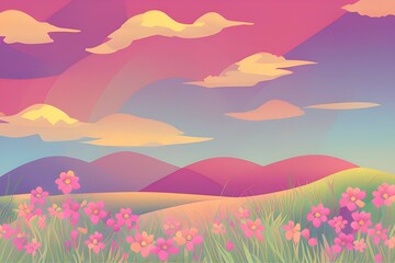 Fototapeta na wymiar Summer Landscape in beautiful colors. 2d Animation Style illustration. Children Story Book Illustration. Kids Cartoon Background. Generative AI