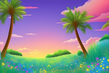 Summer Landscape in beautiful colors. 2d Animation Style illustration. Children Story Book Illustration. Kids Cartoon Background. Generative AI