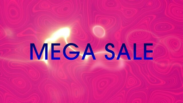 Animation of mega sale text banner over abtract liquid textured shapes against pink background