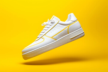 A clean white sneaker on a yellow background after cleaning. Cleaning soles, washing shoes, clean shoes. - obrazy, fototapety, plakaty
