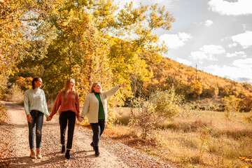 Multiracial female people  with different bodies and hairs walking in the fall parks together. ...