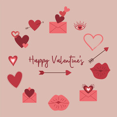 Hand drawn Valentine's Day icon set with various hearts, lips and arrows