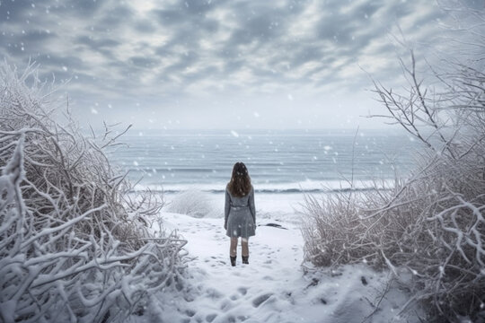 Shot of a beautiful woman from the back. She is standing on a snowy beach, snow everywhere., heavy clouds in the sky. Generative AI illustration	