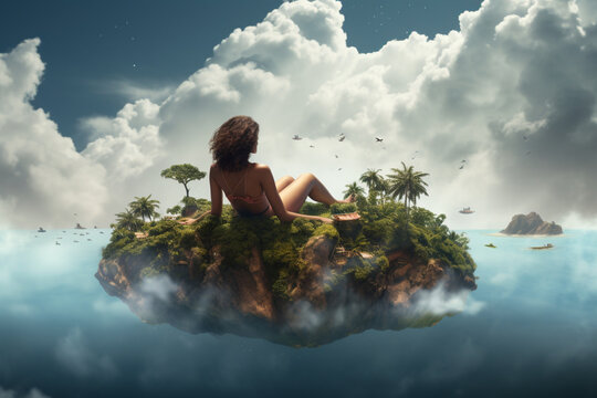 A girl is sitting on a small island that floats in the air on a sunny day
