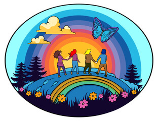 Group of Women holding hands Gay Pride Vector Illustration