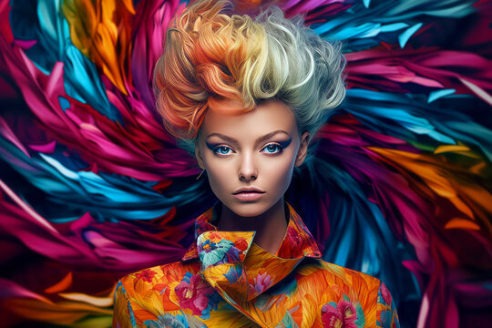 Image of woman with bright hair and colorful feathers on her head.