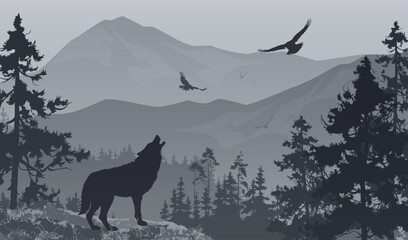 Mountain landscape with wolf and flying birds, vector illustration - 634618991