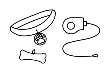 Pet Supplies and Walking Gear Collection: buckle collar, lead and bone shaped identification tag.