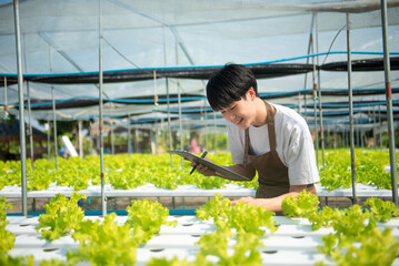 Asian man farmer looking organic vegetables and holding tablet for checking orders or quality farm