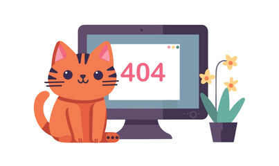 Cute cartoon kawaii cat 404 error, page not found. Webpage failure. Flat vector illustration isolated on white background.