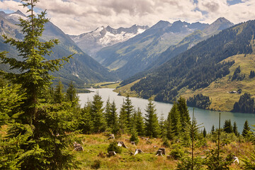 Picturesque austrian mountain, forest and lake austrian landscape. Speicher durlassboben. Austria - obrazy, fototapety, plakaty