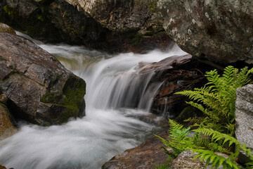 waterfall in the mountains flowing through the river rocks, low shutter speed
