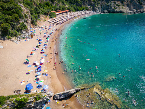 Queen's Beach ( Kraljichina Beach ) in Canj, Montenegro. Aerial view of paradise tropical beach, surrounded by green hills. Montenegro. Balkans. Europe.
