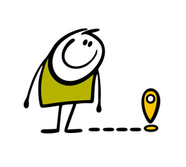 Satisfied man found his way home and looks at the location sign. Vector illustration, a dotted line stickman and a destination label in a smartphone.